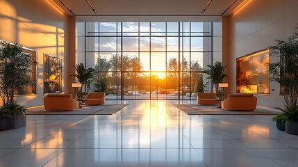 Wall Mural - Modern Lobby Interior Design with Sunset View