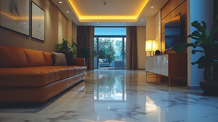 Canvas Print - Modern living room with leather sofa, marble floor, and large window with garden view