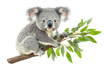 koala sitting on a branch with green leaves isolated on transparent background.