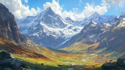 Wall Mural - A Serene Mountain Valley with Snow-capped Peaks and Grazing Cows