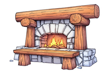 Wall Mural - Rustic fireplace made of stone and wood, enhancing cozy interior ambiance isolated on transparent background.