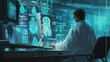 © Zhanna - A doctor seated in a dark room, analyzing brain scans displayed on multiple monitors. The glowing blue light emphasizes the advanced technology and critical nature of the work, portraying a cutting