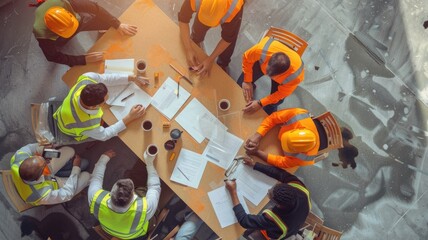 Top down view of engineer team talking and design building construction. Aerial view of professional project manager designing and planning house structure and house material. Real estate. AIG53.