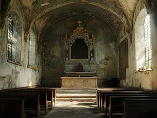 Canvas Print - Sunbeams Illuminate the Interior of an Old Church