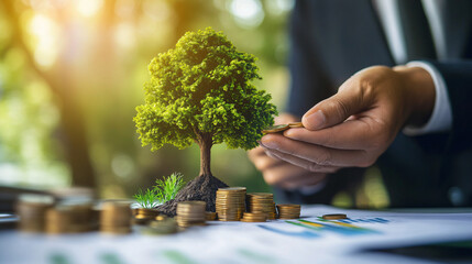 Poster - Businessman putting coin on growing tree with coins for finance and accounting concept
