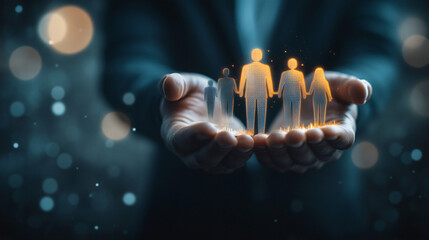 Aufkleber - Businessman demonstrating virtual family with his hands, symbolizing insurance, family security, or fostering
