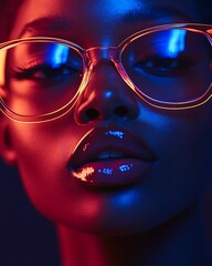 Sticker - Closeup portrait of a young woman wearing eyeglasses with colorful neon lighting