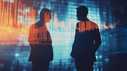 Leinwandbilder - Two businessmen discussing in front of a wall with stock market charts, conveying a financial concept