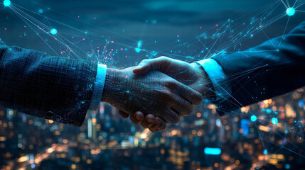 Poster - Businessmen shaking hands with a digital network connection graphic over cityscape background