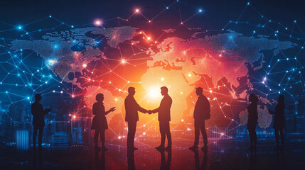 Poster - Silhouette of business people shaking hands with a background of the world map and connected points of light