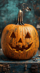 Poster - A carved pumpkin with a spooky grin sits on a rustic wooden surface.