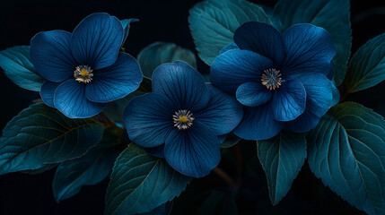 Close-Up of Dark Blue Flowers with Moody Leaves