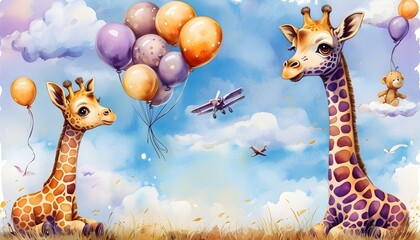 Wall Mural - Charming Purple Watercolor Giraffe in a Whimsical Safari Scene with Balloons, Airplanes, Clouds for a Playful Childhood Adventure