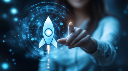 Aufkleber - Female entrepreneur is launching a new startup business represented by a rocket icon on a modern interface
