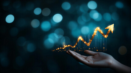 Poster - Businessman holds a virtual holographic stock market graph that is on the rise