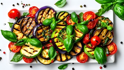 Wall Mural - Vibrant Grilled Vegetables with Basil and Spices on a Serving Board Against a White Background