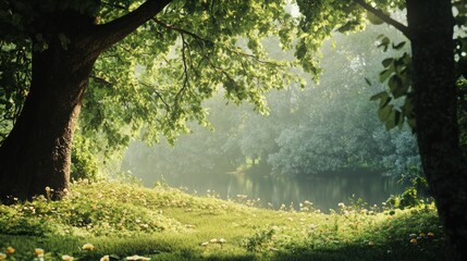 Wall Mural - Sunlit Forest Landscape with River and Flowers