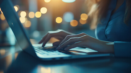 Poster - Late night work: businesswoman typing on laptop with city lights in the background