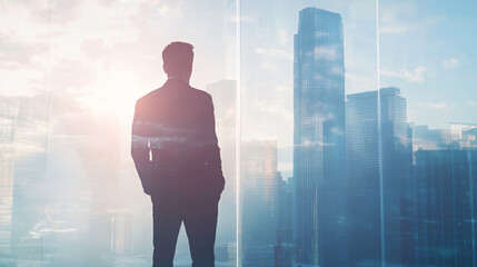 Canvas Print - Determined businessman gazes out the office window at a city skyline during sunset, radiating ambition and success