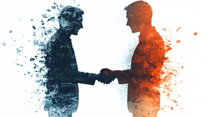 Poster - Double exposure effect: two businessmen shaking hands, one in blue and one in red
