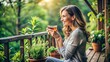 © Aoao - Herbal Tea Moment – A woman enjoying a cup of herbal tea on a wooden balcony with plants in the background.