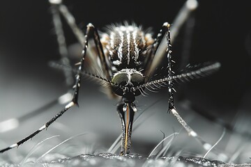 Close up of a mosquito feeding on human skin, showcasing insect s features and skin texture
