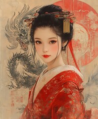 Beautiful woman in traditional Japanese Kimono with Dragon background illustration.