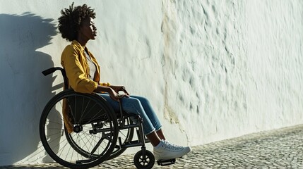 Wall Mural - Young pretty disabled African American woman in wheelchair on white wall background.