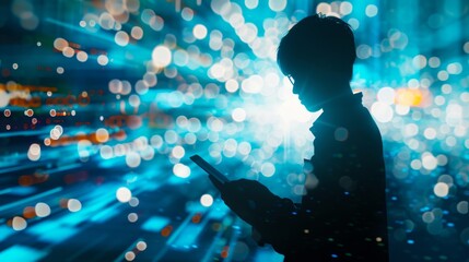 A silhouetted individual holds a smartphone amidst a dazzling array of digital lights and abstract shapes. The glowing background suggests a futuristic environment, perfect for concepts of technology
