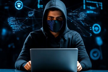 anonymous hacker behind a mask, with a laptop in front of them, surrounded by floating lines of code