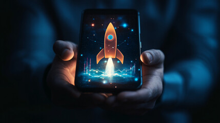 Aufkleber - Businessman holds a smartphone displaying a holographic rocket launch
