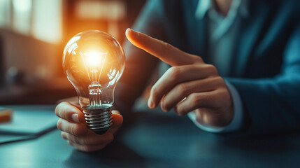 Aufkleber - Office executive holds a glowing lightbulb, representing fresh ideas and demonstrating innovation and creativity in the business world
