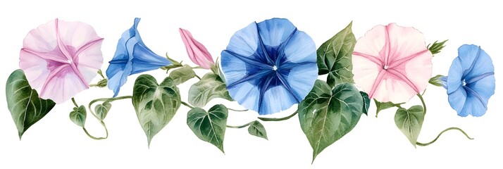 Wall Mural - Beautiful watercolor painting of blooming morning glories in shades of blue and pink, with green leaves, isolated on a white background.Beautiful watercolor painting of blooming morning glories in sha