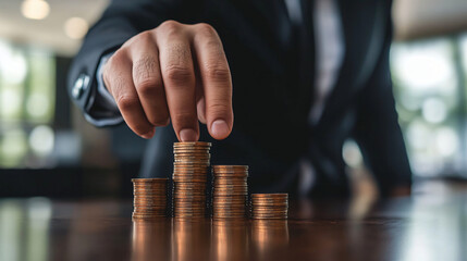 Poster - Businessman stacking coins in office, symbolizing growth in business and finance. Close-up captures wealth, savings, and prosperity in corporate setting