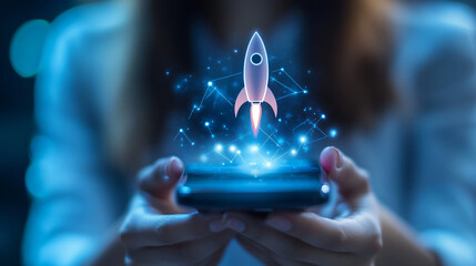 Aufkleber - Businesswoman holding smartphone launching digital startup rocket with network connection