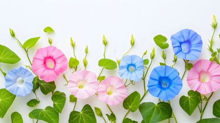 Wall Mural - Blue and pink morning glory flowers with green leaves on white background.