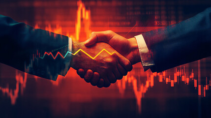 Two businessmen shaking hands in front of a stock market chart, signifying a financial deal or collaboration