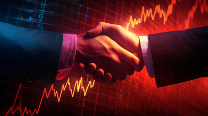 Two executives in agreement shaking hands with a red stock market chart displayed on a digital screen in the background