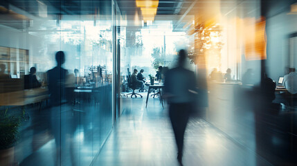 Aufkleber - Blurred silhouettes of business people walking in a modern office corridor with a team meeting in the background