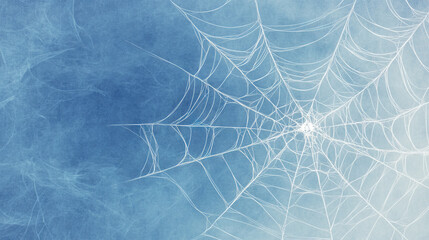 Intricate spider web against a blue sky.