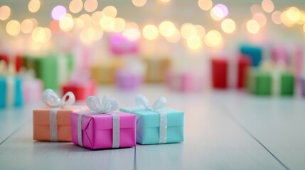 Wall Mural - colorful gift boxes with silver ribbons on a light wooden floor, set against a blurred festive backg