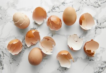 eggs, egg shells, broken eggs, food photography, natural textures, cooking ingredients, kitchen decor, culinary art, organic produce This image showcases whole and cracked eggshells arranged artisti