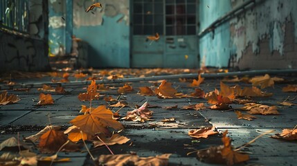 A deserted area with scattered leaves on the floor.