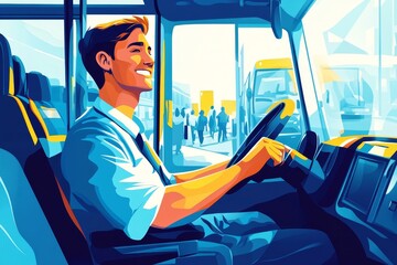 A smiling bus driver driving through the city, a flat design illustration with blue and yellow colors, simple shapes, and a vector art style.