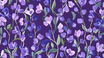 Wall Mural - Sweet Peas Floral Vines Repeating Pattern In Purple