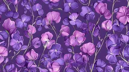 Wall Mural - Sweet Peas Floral Vines Repeating Pattern In Purple