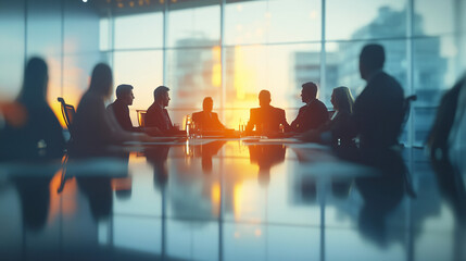 Wall Mural - Business professionals conducting a meeting in a boardroom with expansive windows