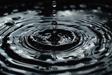 Detailed close up of a water droplet creating ripples in dark water, showcasing fluid dynamics