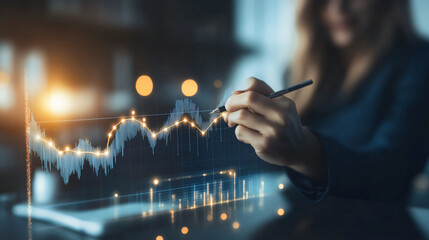 Leinwandbilder - Businesswoman examines a holographic financial chart with a digital pen, emphasizing the upward trend and strong market performance