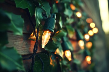 Poster - Close up of vintage style hanging string lights illuminating a vine covered wall representing holiday decor and warm seasonal ambiance